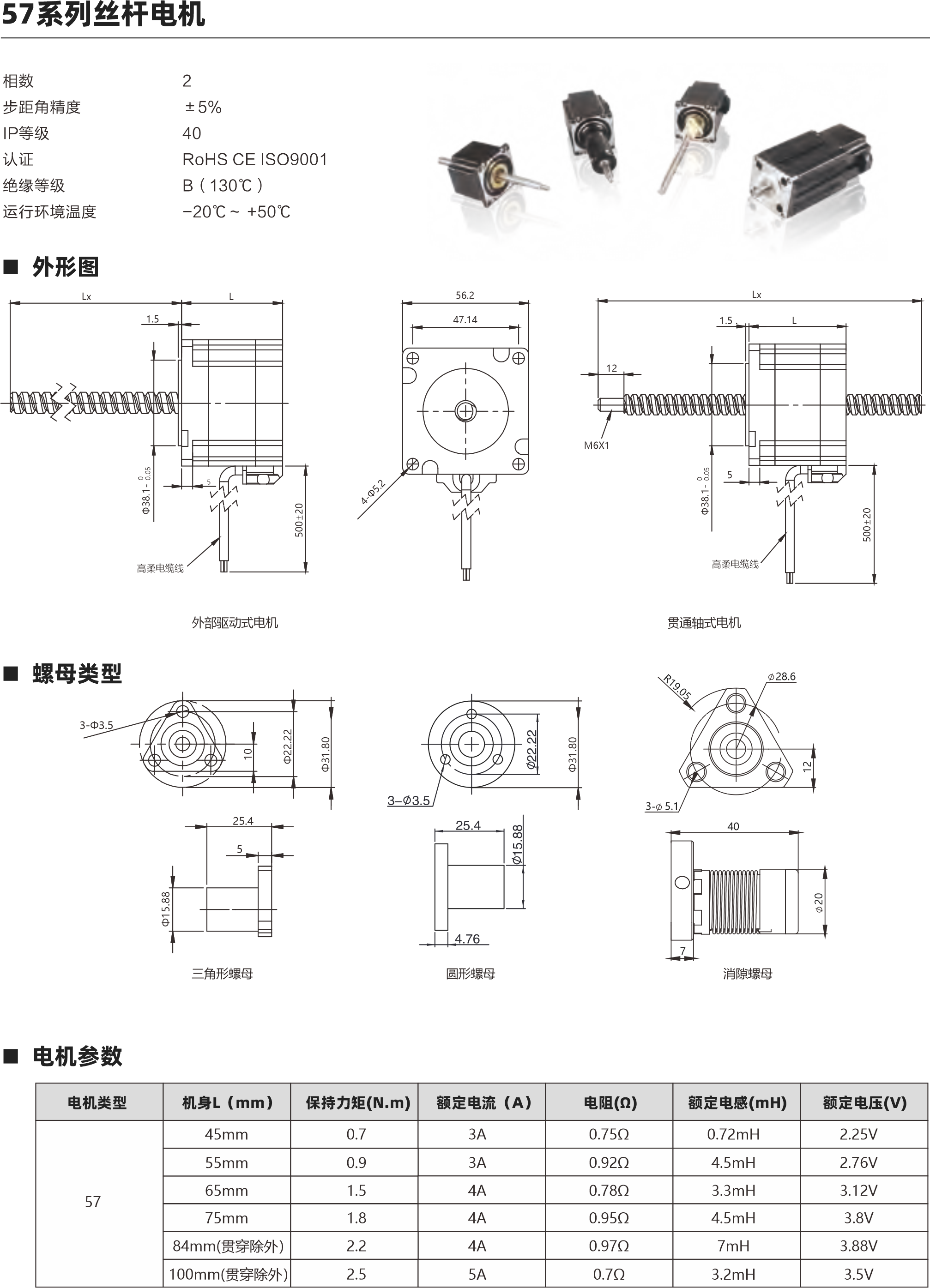 57系列絲桿電機(jī) 57系列絲桿電機(jī) 動(dòng)態(tài)推力曲線圖 外形圖  相數(shù) 步距角精度 IP等級(jí)  認(rèn)證 絕緣等級(jí) 運(yùn)行環(huán)境溫度 2 ±5％ 40 RoHS CE ISO9001 B（130℃） -20℃～ +50℃ 螺母類型 電機(jī)參數(shù) 57 45mm 0.7 3A 0.75Ω 0.72mH 2.25V 3A 0.92Ω 4.5mH 2.76V 4A 0.78Ω 3.3mH 3.12V 電機(jī)類型 機(jī)身L（mm） 保持力矩(N.m) 額定電流（A） 電阻(Ω) 額定電感(mH) 額定電壓(V) 絲桿參數(shù) 0.375 0.635 0.025 0.003175 9.525 0.02-0.03mm 0.375 1.27 0.05 0.00635 9.525 0.02-0.03mm 0.375 1.5875 0.0625 0.0079375 9.525 0.02-0.03mm 0.375 2.1167 0.083 0.0105835 9.525 0.02-0.03mm 0.375 2.54 0.1 0.0127 9.525 0.02-0.03mm 0.375 3.175 0.125 0.015875 9.525 0.02-0.03mm 0.375 4.232 0.167 0.02116 9.525 0.02-0.03mm 0.375 5.08 0.2 0.0254 9.525 0.02-0.03mm 0.375 6.35 0.25 0.03175 9.525 0.02-0.03mm 0.375 9.525 0.375 0.047625 9.525 0.02-0.03mm 0.375 10.16 0.4 0.0508 9.525 0.02-0.03mm 0.375 12.7 0.5 0.0635 9.525 0.02-0.03mm 0.375 25.4 1 0.127 9.525 0.02-0.03mm 絲桿直徑(inch) 直徑(mm) 導(dǎo)程(mm) 導(dǎo)程(inch) 步長1.8°(°) 螺母軸向間隙 55mm 0.9 65mm 1.5 75mm 1.8 4A 0.95Ω 4.5mH 3.8V 4A 0.97Ω 7mH 3.88V 5A 0.7Ω 3.2mH 3.5V 2.2 84mm(貫穿除外） 100mm(貫穿除外） 2.5 25.4 5 3-Φ3.5 三角形螺母 外部驅(qū)動(dòng)式電機(jī) 貫通軸式電機(jī) 57系列 45mm機(jī)身 速度與推力曲線 57系列 55mm機(jī)身 速度與推力曲線 脈沖pps 轉(zhuǎn)速rpm 200 60 400 120 600 180 800 240 1000 300 1200 360 1400 420 1600 480 1800 540 脈沖pps 轉(zhuǎn)速rpm 200 60 400 120 600 180 800 240 1000 300 1200 360 1400 420 1600 480 1800 540 1200 1000 800 600 400 200 0 1600 1400 1200 1000 800 600 400 200 0 1.27 2.54 5.08 10.16 25.4 1.27 2.54 5.08 10.16 25.4 1.5 Lx L 高柔電纜線 5 56.2 47.14 M6X1 Lx L 高柔電纜線 1.5 12 5 7 3- 5.1 28.6 40 圓形螺母 消隙螺母 57系列 75mm機(jī)身 速度與推力曲線 脈沖pps 轉(zhuǎn)速rpm 200 60 400 120 600 180 800 240 1000 300 1200 360 1400 420 1600 480 1800 540 2000 1600 1200 800 400 0 2.54 5.08 10.16 12.7 25.4 57系列 65mm機(jī)身 速度與推力曲線 脈沖pps 轉(zhuǎn)速rpm 200 60 400 120 600 180 800 240 1000 300 1200 360 1400 420 1600 480 1800 540 1600 1400 1200 1000 800 600 400 200 0 2.54 5.08 10.16 12.7 25.4 建議負(fù)載上限900N 建議負(fù)載上限900N 建議負(fù)載上限900N 建議負(fù)載上限900N 步進(jìn)直線傳動(dòng)產(chǎn)品制造商 Linear stepper motor provider 步進(jìn)直線傳動(dòng)產(chǎn)品制造商 Linear stepper motor provider 以上曲線是有雙極性 斬波恒流驅(qū)動(dòng) 100%工作電流40Vdc條件進(jìn)行測(cè)試。